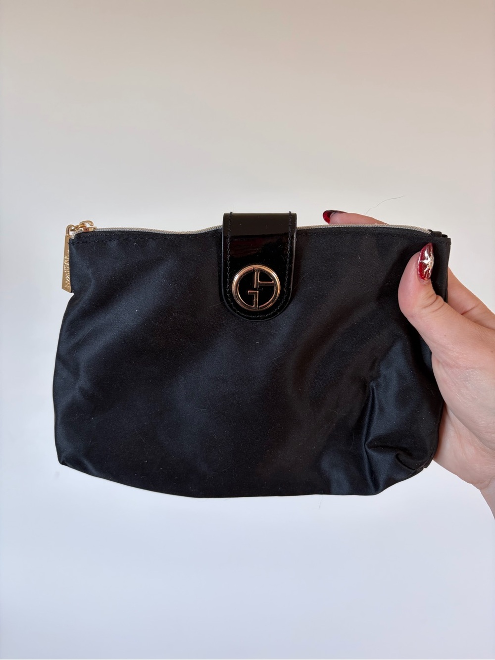 Giorgio Armani Black Nylon Cosmetic Pouch with Gold-Tone Logo